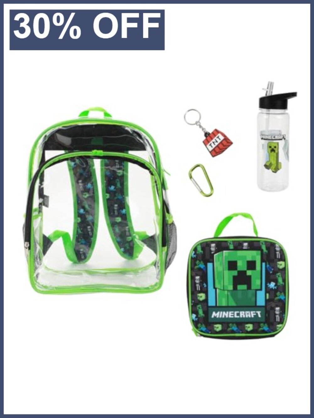 Kids Minecraft Creeper 5-Piece Backpack Set with Lunchbox and Water Bottle